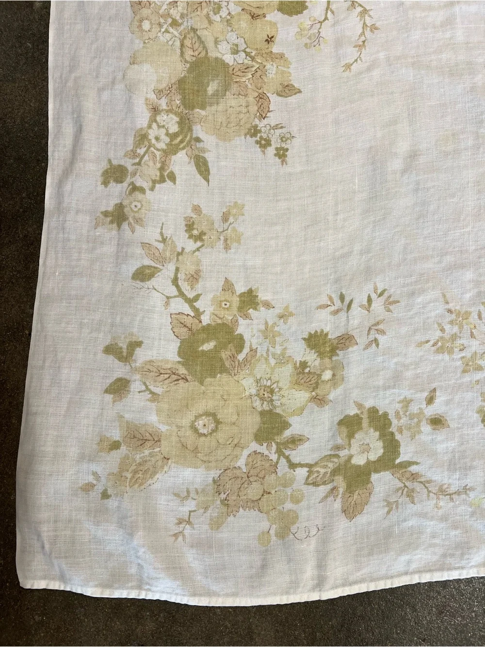 Vintage floral linen tablecloth in shades of green & tan Luther Travis 66” x 50”